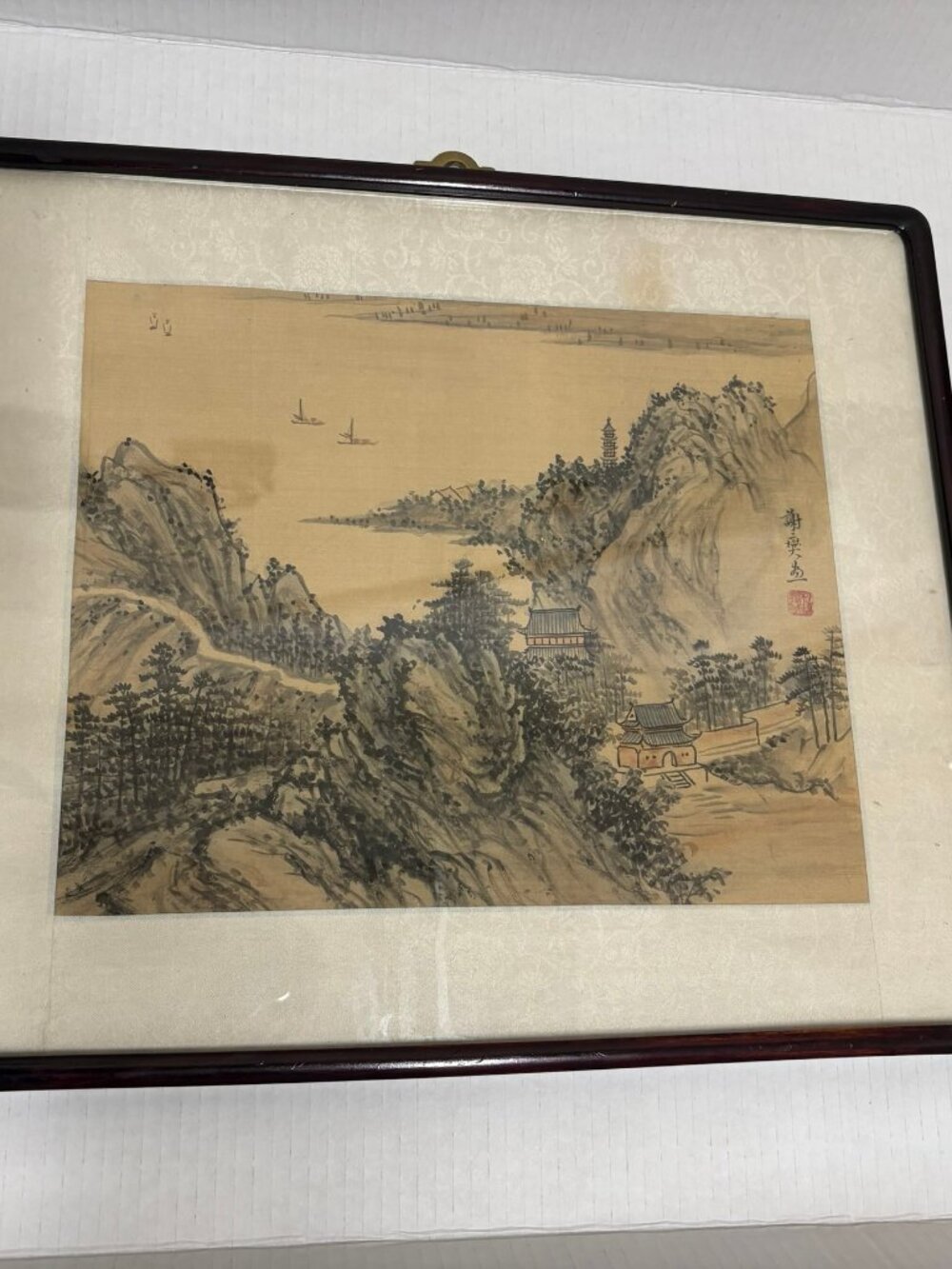 Antique Chinese Hand Painted Ink Gouache Landscape Silk Picture, Signed Framed